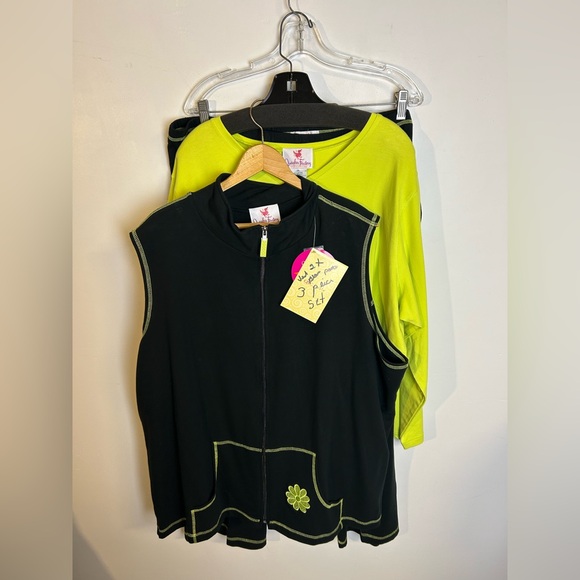 NWT Quacker Factory Black-Lime Green Vest-Pants-Top Set Plus Size 2X Boho Hippie